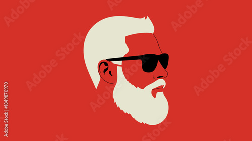 . Stylish Bearded Man Wearing Sunglasses. Minimalist Graphic Illustration on Red Background.