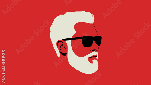Trendy Bearded Man Illustration: White Hair, Sunglasses, Red Background Graphic Art