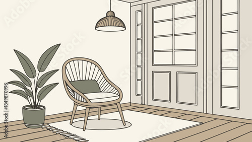 Cozy Minimalist Interior Illustration: Wicker Chair, Plant, Window Light. Scandinavian Home Decor.