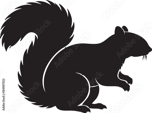 Black silhouette vector illustration of a squirrel with a bushy tail, isolated on a transparent background