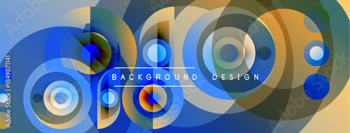 Abstract circles overlap, creating vibrant layers. Blue, green, orange hues blend seamlessly. Modern design element for backgrounds.