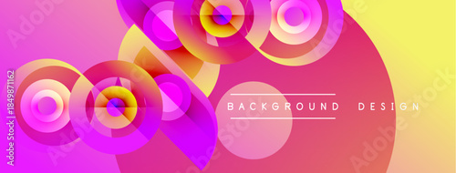 Abstract colorful circles overlap, creating vibrant gradient background. Pink, purple, orange hues dominate design elements.