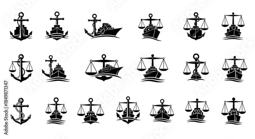 Collection of stylized maritime law themed vector graphics for legal and nautical designs