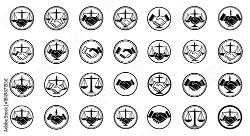Justice and partnership icons symbolizing law practice ethics with scales and handshake