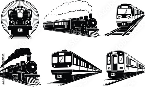 Train silhouette vector set, steam and modern locomotives, black transport icons, railway front side view, travel engine design, motion concept