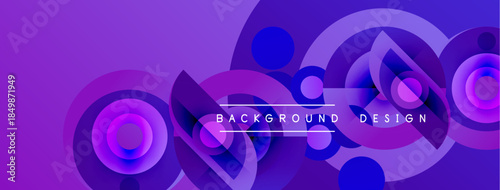 Abstract purple design features overlapping circles, gradients. Text reads background design. Modern, vibrant visual composition.