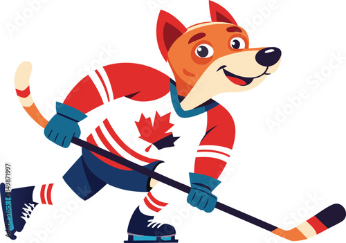 Cartoon Fox Playing Ice Hockey with Red and White Jersey and Maple Leaf