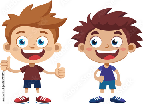 Two cartoon boys with big smiles and thumbs up wearing colorful clothes