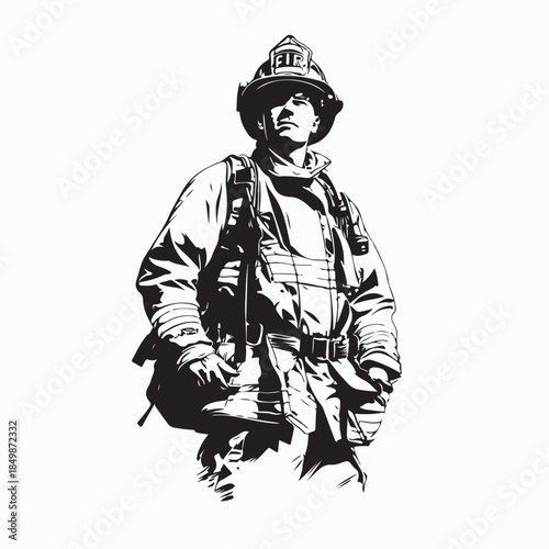 Male Fire Fighter Vector. Black and white Male Fire Fighter Image vector