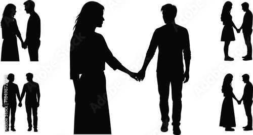 Couples holding hands silhouette, romantic unity vector, black and white illustration, relationship connection art, emotional bond design, love themed concept, togetherness pose
