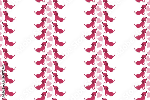 Seamless vertical stripe pattern of adoring magenta dachshund dogs with pink heart balloons, ideal for Valentine's Day textiles, ribbons, and romantic pet-themed gift wrap.