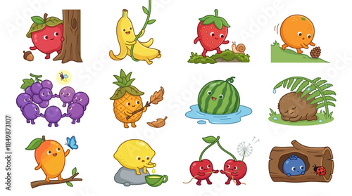 A collection of twelve adorable cartoon fruit characters, including an apple, banana, strawberry, orange, grapes, pineapple, watermelon, kiwi, mango, lemon, and cherries, engaged in playful activities
