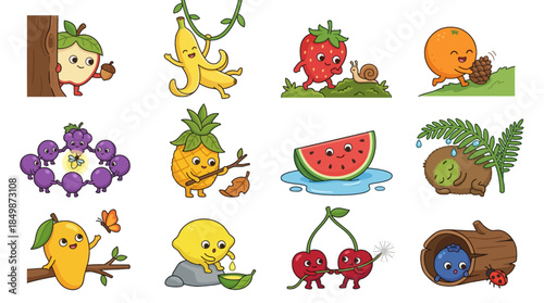 A collection of twelve cute cartoon fruit characters, including apple, banana, strawberry, orange, grapes, pineapple, watermelon, kiwi, mango, lemon, cherries, and blueberry, each engaged in a unique 