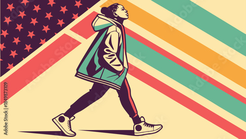 Person Walking Forward, Looking Up. Colorful Retro Striped and Starry Pattern Background