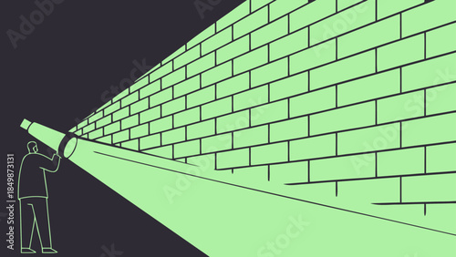 Strategic Insight: Person Illuminating Brick Wall with Flashlight. Overcoming Obstacles, Seeking Solutions, Discovery, Challenge