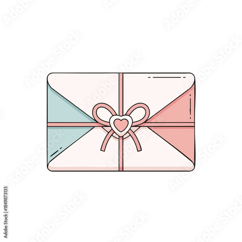 Vector illustration of a gift card with a heart-shaped bow on a white background, featuring a pink and blue design.