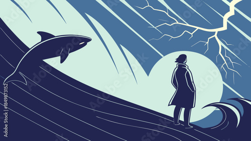 Solo Figure Faces Enormous Shark in Stormy Ocean with Lightning