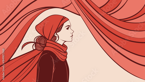 Woman in Red Head Covering and Scarf - Flowing Fabric Illustration