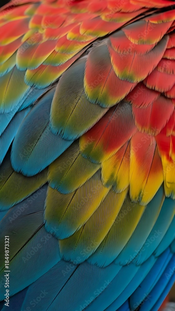 Obraz premium Vibrant Tropical Macaw Feathers Close-up - Colorful Rainbow Bird Plumage Wallpaper