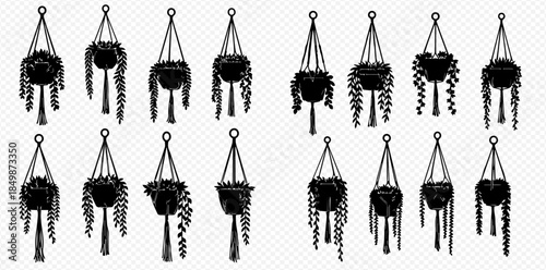 Set of black silhouettes of hanging plants in macrame planters, isolated vector illustration.