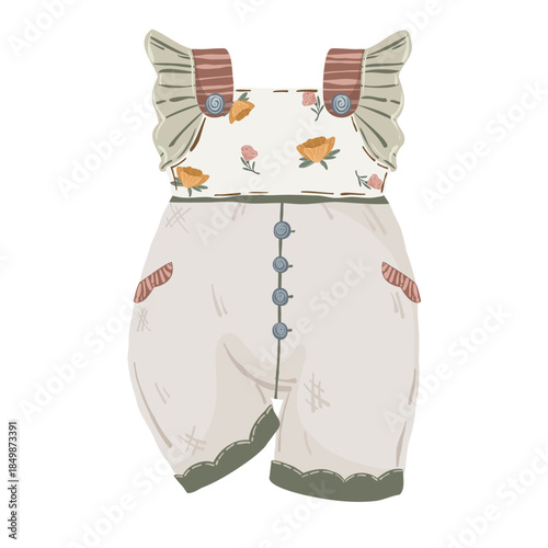 Boho baby nursery collection with clothes and toys, hand drawn  illustration. Cute scandinavian style newborn bodysuit, rainbow and wooden rattles isolated on white background