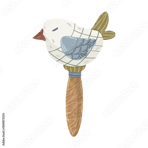 Wooden bird rattle toy for baby, hand drawn vector illustration. Cute eco friendly newborn toy in boho style isolated on white.