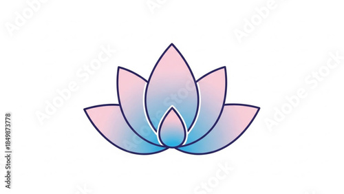 Elegant lotus flower vector icon with soft pink and blue gradient petals and dark blue outlines; minimalist floral symbol for wellness, yoga, meditation, and spa branding, clean zen lily illustration.