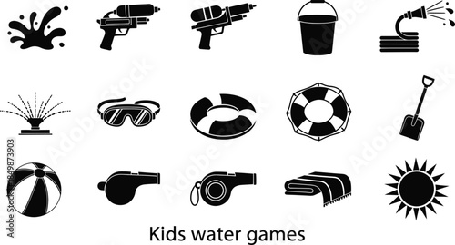 Water fun and games for kids icon set