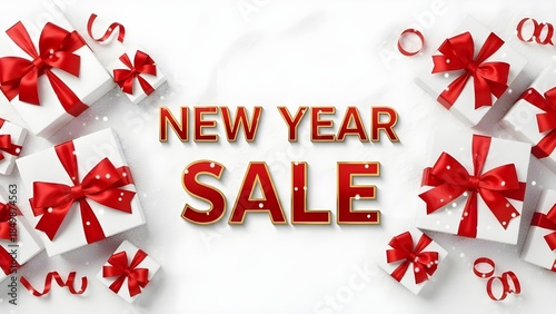 New Year sale text with decorated gift boxes on white background  
