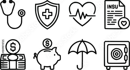 Healthcare and Finance Line Icons  Safety, Coverage and Risk Protection