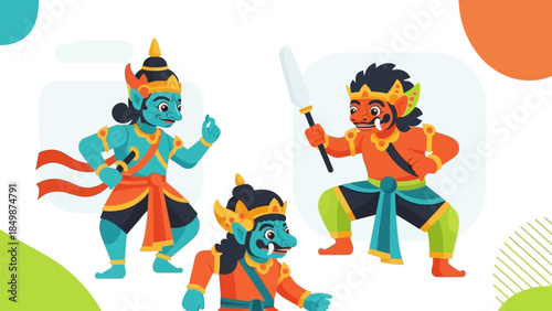 Three Hindu Gods in Action Poses.