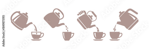 Simply pour water from a kettle into a cup with 4 distinct designs. Kitchen line icon. Vector illustration.