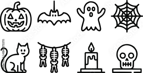 Halloween Decorations Outline Icon Set  Pumpkins, Ghosts and Spooky Items