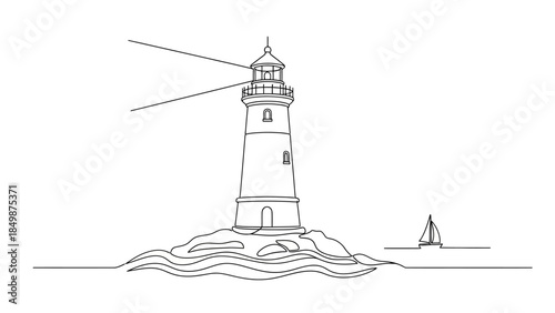 Lighthouse standing tall on rocky coastline guiding sailboat safely
