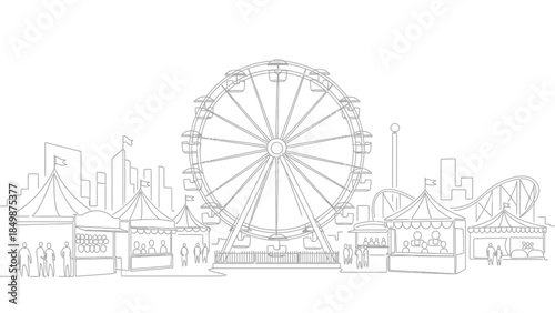 Vibrant amusement park scene with Ferris wheel and booths