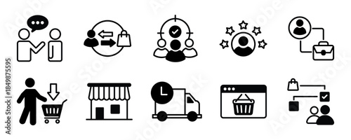 B2C icon set. Business to consumer, e-commerce, customer service, retail, digital marketing, direct sales, customer experience, online store and more. Solid vector icons collection.