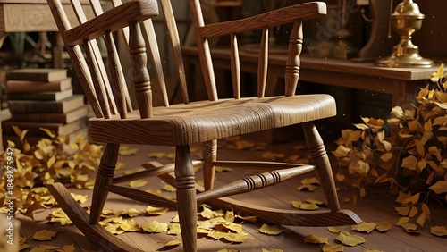 Cozy Wooden Rocking Chair Amidst Fallen Golden Autumn Leaves Indoors