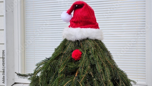 Minimalist Christmas Tree with Santa Hat and Red Nose Outdoors