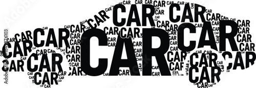Black and white word cloud forming the silhouette of a modern automobile