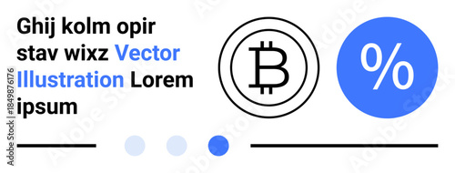 Bitcoin logo inside a circular frame and a blue percentage symbol, accompanied by dots and lines. Ideal for cryptocurrency, finance, technology, investment, data, economy, simple landing page