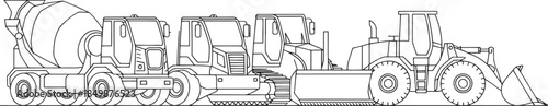 Construction Truck Fleet Illustration – Flatbed, Cargo, Crane and Dump Trucks in Black and White Line Art Style