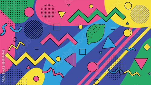 Vibrant Memphis Style Abstract Background with Geometric Shapes and Citrus Fruit Flat Vector Illustration