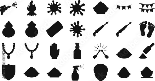 Collection of 25 various black silhouette icons on white background