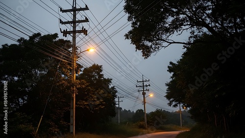 Rural Road Lined with Utility Poles and Glowing Streetlights at Dusk