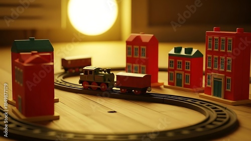 Toy Train Set with Miniature Houses on Wooden Floor Under Warm Light