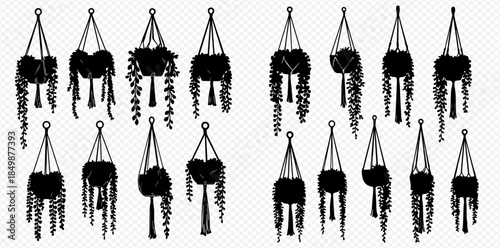 Set of hanging plants in macrame planters, black silhouettes on transparent background.