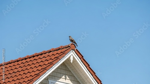 Small Bird Perched Atop a Vibrant Red tiled Roof with Clear Blue Sky