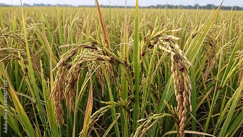 Close up View of Ripening Golden Rice Grains in a Fertile Paddy Field