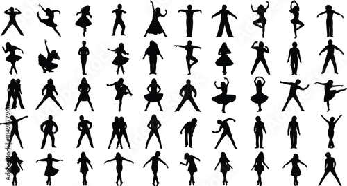 Dance, silhouette, people, poses, movement, rhythm, choreography, black, figures, solo, pair, energetic, expressive, style, action, performance, grid, collection, diverse, dynamic