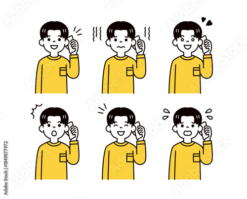 スマートフォンで通話する、様々な表情の若い男性・学生の上半身ベクターイラスト素材セット